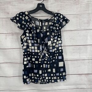 St. John Silk‎ Ruffle Top Square Print Sleeveless Blouse Black Blue White 2